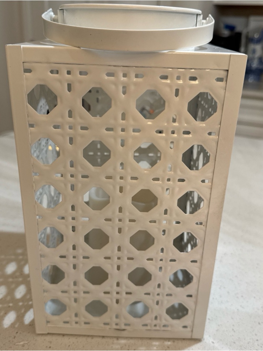 White Metal Cane Pattern Lantern – LED Flameless Candle with Timer
